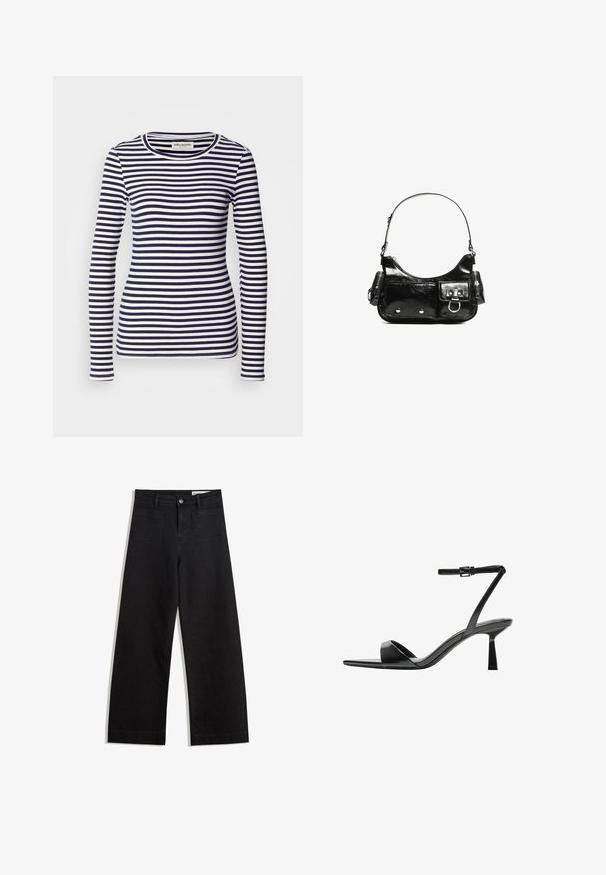 Hosszú ujjú felső tengerészkék és fehér vízszintes csíkos mintával, bordás textúrával és kerek kivágással.; Fekete, bő szabású farmernadrág magas derékkal, elülső és hátsó zsebekkel, varrott felületekkel és gombos záródással. Sima textúra.; Bershka Magas sarkú szandálok - black; Fekete lakkbőr kézitáska ívelt formával, egy vállpánttal, elülső zsebekkel és ezüstszínű fémrészletekkel.