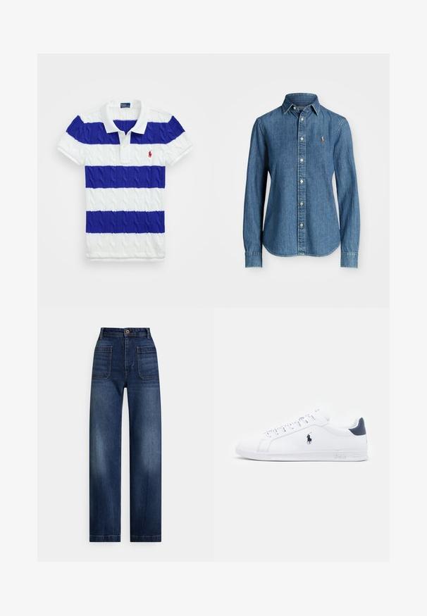 Hvit polo skjorte med tre horisontale blå striper, teksturert kabelstrikk, og en liten rød logo på venstre bryst. Klassisk krage og korte ermer.; Denimskjorte i mellomblå, langermet, med knapp-down krage og logo på brystet. Har buet kant og vanlig passform.; Høytlivde, mørkeblå rette jeans i denim med fremre lapplommer, beltehemper og knappelukking.; Hvite lær sneakers med en glatt overflate, marineblå detaljer og en liten logo på siden. Har flate lisser og strukturet gummisåle.