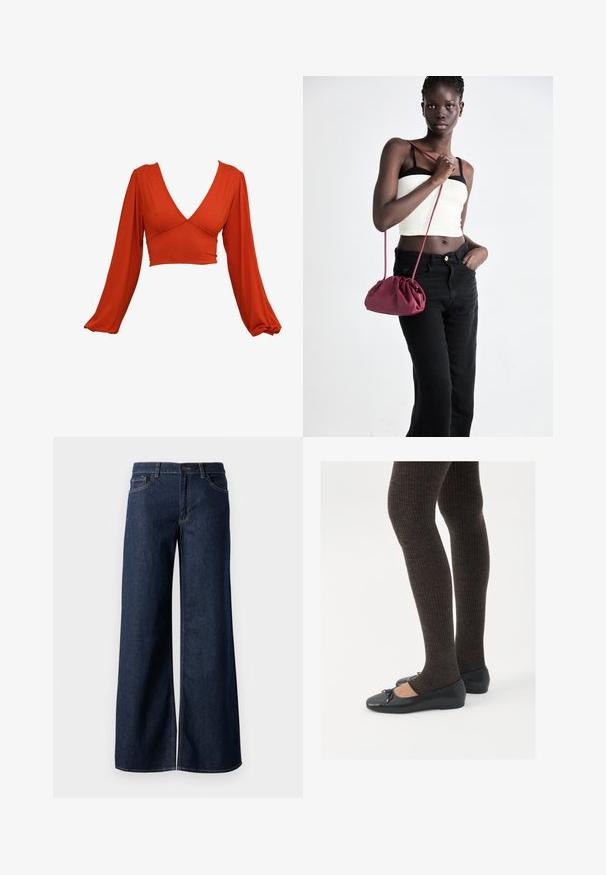 Red long-sleeve crop top with a deep V-neck and pleated sleeves. Made of a soft, stretchy fabric with a smooth texture. No visible patterns.; Wide-leg jeans in dark blue denim. Features contrast stitching, five pockets, and a button closure at the waist. Smooth texture.; Black flat shoes with a small bow detail at the toe, paired with dark brown ribbed tights. Shoes have a smooth texture and low profile.; Burgundy soft fabric handbag with a gathered design and a long strap, worn crossbody. Model wears a white crop top and black jeans.