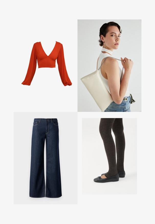 Piros, hosszú ujjú crop top mély V-kivágással és redőzött ujjakkal. Puha, rugalmas anyagból készült, sima felülettel. Nincsenek látható minták.; Sötét kék farmer széles lábú nadrág. Kontrasztos varrással, öt zsebhálóval és gombos derékzárással rendelkezik. Simás textúra.; Fekete lapos cipők kis masni díszítéssel az orrán, sötétbarna bordázott harisnyával párosítva. A cipők sima textúrával és alacsony profilúak.; Fehér, téglalap alakú, fényes anyagból készült clutch táska, ezüst láncos pánttal. A modell pózol, bemutatva a táskát egy egyszínű háttér előtt.