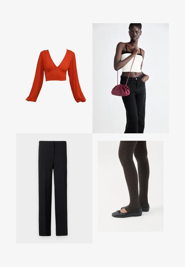 Rotes Langarm-Crop-Top mit tiefem V-Ausschnitt und gefältelten Ärmeln. Hergestellt aus einem weichen, dehnbaren Stoff mit glatter Textur. Keine sichtbaren Muster.; Schwarze, maßgeschneiderte Hosen mit geradem Schnitt, die eine glatte Textur und kein sichtbares Muster aufweisen. Standardbund und eine saubere Verarbeitung.; Schwarze flache Schuhe mit einem kleinen Schleifendetail an der Zehe, kombiniert mit dunkelbraunen gerippten Strumpfhosen. Die Schuhe haben eine glatte Textur und ein niedriges Profil.; Burgunderfarbene Handtasche aus weichem Stoff mit gerafftem Design und langem Trageriemen, quer über den Körper getragen. Das Modell trägt ein weißes Crop-Top und schwarze Jeans.