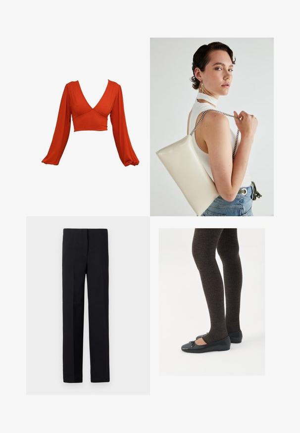 Crvena dugih rukava kroppmajica s dubokim V-izrezom i nabranim rukavima. Izrađena od mekog, rastezljivog materijala s glatkom teksturom. Nema vidljivih uzoraka.; Crne krojene hlače ravnog kroja, s glatkom teksturom i bez vidljivih uzoraka. Standardni pojas i uredan završetak.; Crne ravne cipele s malim mašnom na vrhu prstiju, uparene s tamnosmešnim rebrovanim čarapama. Cipele imaju glatku teksturu i nizak profil.; Bijela pravokutna torbica s kopčanjem, izrađena od sjajnog materijala, s srebrnim lančićem. Model pozira, prikazujući torbicu na jednostavnoj pozadini.