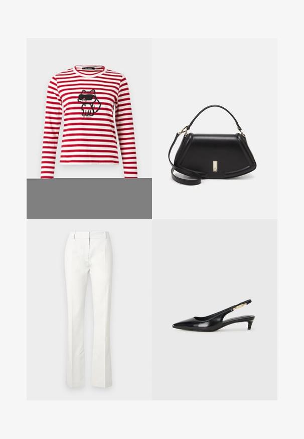 KARL LAGERFELD IKON - Topper langermet - scarlet sage/cream stripe; Hvit skreddersydde bukser med utsvingt bunn, med frontfeller og en jevn tekstur, laget av et lett materiale.; Sorte lærreim hæler med spiss tå, som har en slank hæl og en gullfarget detalj på den justerbare stroppen. Glatt tekstur.; Sort lærveske med en strukturert design, som har en avkortet form, topphåndtak og detaljer i gull. Justerbar skulderstropp inkludert.