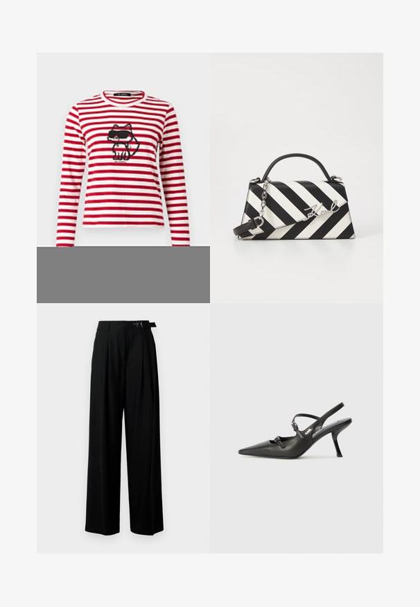 KARL LAGERFELD IKON PRINT STRIPE - Ilgarankovis viršutinės dalies drabužis - scarlet sage/cream stripe; Juodos plačios kojų kelnės su aukštu liemeniu, priekinėmis klostėmis ir diržu su sagtimi. Pagamintos iš lygaus, lengvo audinio.; Juodi odiniai slingback kulniukai su smailiu pirštu, siauru kulnu ir dekoratyvine sagtimi viršuje. Lygus paviršius ir elegantiškas dizainas.; Juoda ir balta dryžuota rankinė su struktūrizuota forma, turinti viršutinę rankeną, nuimamą grandinėlės dirželį ir metalinį logotipo akcentą.