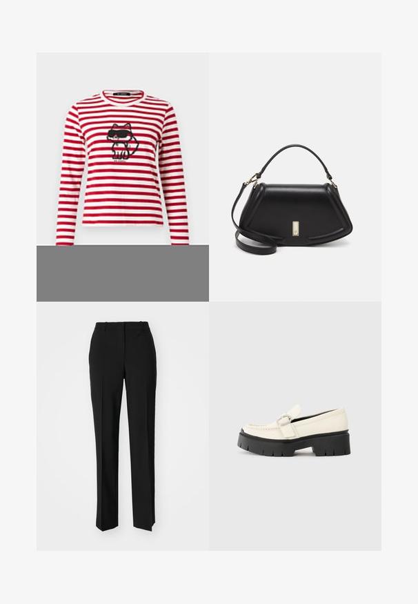 KARL LAGERFELD IKON PRINT STRIPE - Long sleeved top - scarlet sage/cream stripe; Black tailored trousers with a straight-leg design, featuring a smooth texture and crisp creases along the front. No visible hardware.; White leather loafer with a chunky black platform sole, featuring a rectangular silver buckle and visible stitching detail on the upper.; Black leather handbag with a structured design, featuring a cropped shape, top handle, and gold hardware accent. Adjustable shoulder strap included.