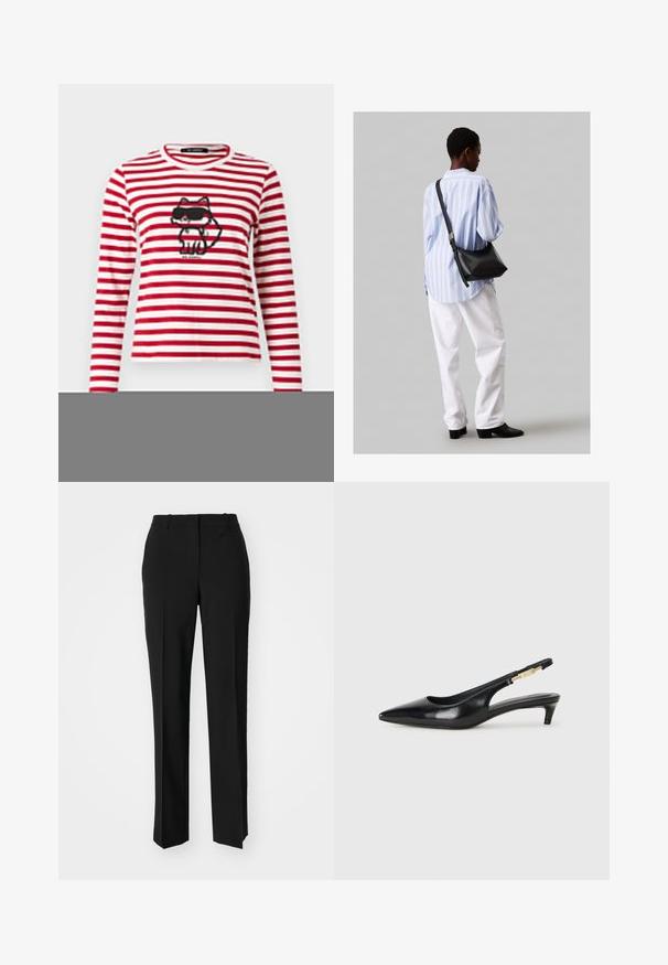 KARL LAGERFELD IKON PRINT STRIPE - Hosszú ujjú felső - scarlet sage/cream stripe; Fekete, testhezálló nadrág egyenes szárú kivitelben, sima textúrával és éles redőkkel az elején. Nincs látható fémalkatrész.; Fekete bőr slingback magassarkúk, hegyes orral, vékony sarkakkal és arany színű részlettel a állítható pánton. Simа felület.; Fekete bőr válltáska puha tapintással, háromszög alakú, állítható pánttal, világoskék csíkos inggel és fehér nadrággal párosítva.