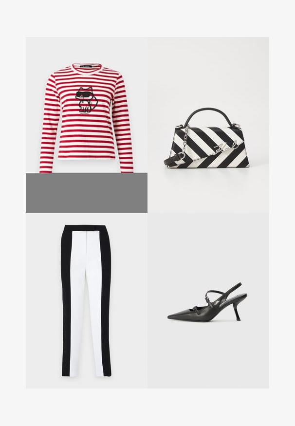 KARL LAGERFELD IKON PRINT STRIPE - Langarmshirt - scarlet sage/cream stripe; Schwarz-weiße tapered Hosen mit schlankem Schnitt und kontrastierenden Paneelen. Der Stoff hat eine glatte Textur; der Bund ist flach und enganliegend.; Schwarzlederne Slingback-Absätze mit spitzer Zehenform, schlankem Absatz und dekorativem Schnallendetail auf dem Blatt. Glatte Textur und elegantes Design.; Schwarz-weiße gestreifte Handtasche mit strukturierter Form, ausgestattet mit einem oberen Griff, einem abnehmbaren Kettenriemen und einem metallischen Logo-Detail.