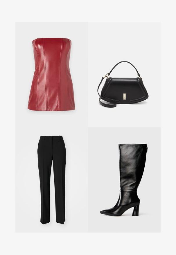Red strapless top made from shiny faux leather. Features tailored seams and a fitted silhouette. Smooth texture with a slight sheen.; Black tailored trousers with a straight-leg design, featuring a smooth texture and crisp creases along the front. No visible hardware.; Knee-high black leather boot with a pointed toe, smooth texture, and a chunky heel. Features a zipper detail at the back.; Black leather handbag with a structured design, featuring a cropped shape, top handle, and gold hardware accent. Adjustable shoulder strap included.