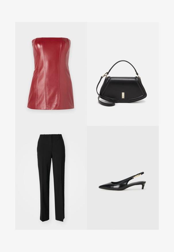 Top senza spalline rosso realizzato in finta pelle lucida. Caratterizzato da cuciture su misura e una silhouette aderente. Texture liscia con una leggera lucentezza.; Pantaloni neri su misura con un design a gamba dritta, caratterizzati da una texture liscia e pieghe ben definite sul davanti. Senza hardware visibile.; Tacchi slingback in pelle nera con punta affusolata, caratterizzati da un tacco alto e un accento dorato sulla cinghia regolabile. Texture liscia.; Borsa a mano in pelle nera con un design strutturato, caratterizzata da una forma corta, manico superiore e accessori in metallo dorato. Inclusa tracolla regolabile.