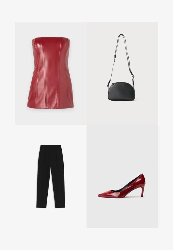 Röd bandeau-topp i glänsande fusk-läder. Har skräddarsydda sömmar och en tajt silhuett. Slät textur med en lätt lyster.; Svarta byxor med rak passform, med dubbla fickor, en slät yta och en klassisk midje-design. Ingen synlig hårdvara eller detaljer.; Röd lackskinn högklackad sko med spetsig tå och smal klack. Slät yta med blank finish och svart innertyg.; Svart läder crossbody-väska med rundad form, två justerbara remmar och en diskret logotyp på framsidan. Strukturerad yta, minimalistisk design.