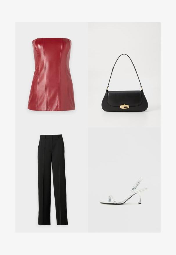 Punane rihmata ülaosa, mis on valmistatud läikivast kunstnahast. Omab vormitud õmblusi ja kehaümberpõimitu siluetti. Sile tekstuur, millel on kerge sära.; Mustad laiade säärega püksid siledast kangast, millel on lame eesmine osa, vöökonksud ja kohandatud lõige ilma taskuteta.; Hõbe patendiga nahast slingback kõrgendatud sandaal kitsase varbaga rihmaga, reguleeritava pandla ja saleda kontsaga.; Mustroone nahast käekott kaarjate vormidega, kuldse tooni detailide ja ülemise käepideme ning sujuva sulgemise ja sileda tekstuuriga.