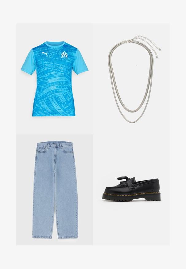 Šviesiai mėlyna sportinė marškinė, turinti tekstūrinį raštą su tekstu ir dizainais. Trumpomis rankovėmis, apvaliu iškirpimu, su baltu logotipu.; Šviesiai mėlyni džinsai su tiesiomis kojomis, turintys vidutinio aukščio juosmenį, penkias kišenes ir mygtuko bei užtrauktuko uždarymą.; Juodas odinis loaferis su kutais, turintis masyvų juodą pado ir geltonus siūlus palei kraštą. Textūruota danga.; Trijų sluoksnių sidabrinė metalinė apyrankė, kuri pasižymi stilingomis, lankstosiomis grandinėlėmis su švelniu blizgesiu, užsegama krabų užsegimu ir reguliuojama grandinė.