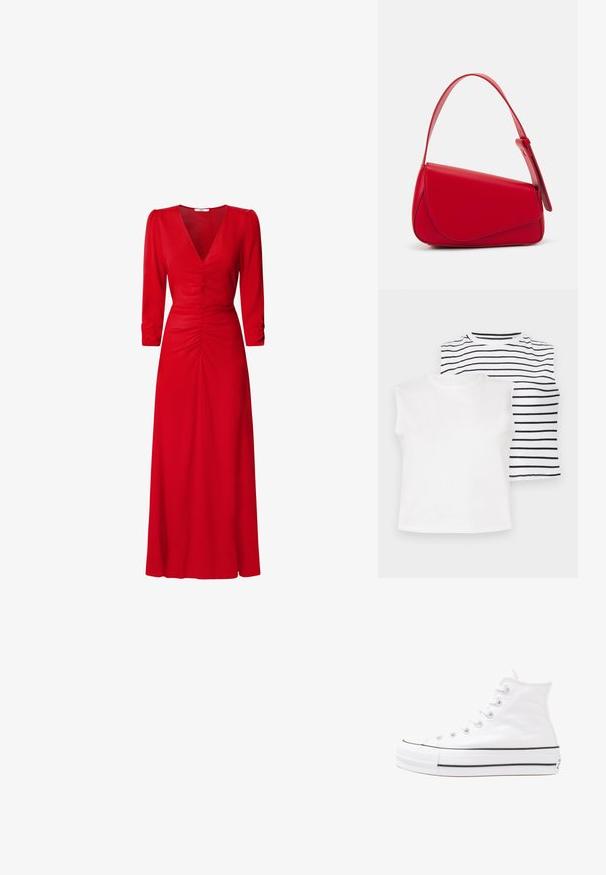 Dos camisetas sin mangas: una blanca sólida y la otra con rayas horizontales negras sobre un fondo blanco. Tejido suave, cuellos redondos.; Vestido rojo con escote en V, mangas tres cuartos y detalles fruncidos en la cintura y la espalda. La tela parece suave y ligera.; Zapatilla de lona alta blanca con suela de goma negra, puntera de goma frontal y seis ojetes para los cordones, que presenta un diseño limpio y minimalista.; Bolso de cuero rojo con un diseño angular y geométrico. Cuenta con una única correa ajustable y un cierre de solapa con detalles de costura.