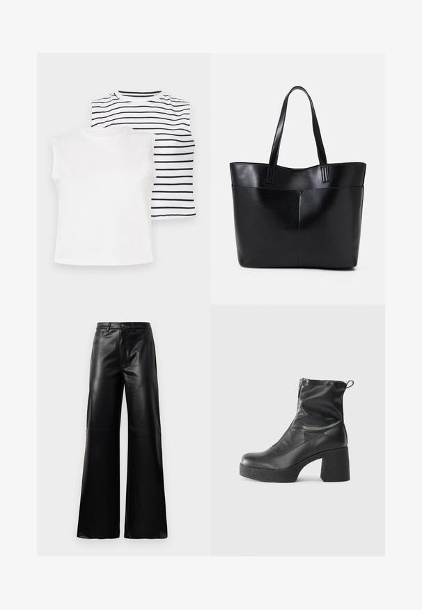 Two sleeveless tops: one solid white, the other featuring horizontal black stripes on a white background. Soft fabric, round necklines.; Black high-waist wide-leg faux leather pants with front button, zip closure, belt loops, and side pockets on white background.; Black ankle boots made of smooth leather, featuring a side zipper, chunky textured heel, and rounded toe design.; Black leather tote bag with two long handles, a smooth texture, and a structured shape. Features a front pocket for additional storage.