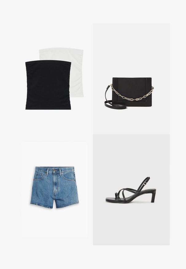 Zwei dehnbare Tube-Tops, eines in Schwarz und das andere in Weiß, aus weichem, glattem Stoff mit gerafftem Design an den Seiten.; Hellblaue Denim-Shorts mit fünf Taschen, einem Reißverschluss und einem Knopfverschluss. Der Saum ist fransig und das Design bietet eine lässige Passform.; Schwarze Sandale mit Riemchen, quadratischer Zehenform und niedrigem Blockabsatz. Verfügt über mehrere dünne Riemen und einen verstellbaren Knöchelriemen. Hergestellt aus glattem Leder.; Schwarze Leder-Crossbody-Tasche mit glatter Textur, rechteckiger Form und metallic-kettendetail auf der Vorderseite. Verstellbarer Gurt inklusive.
