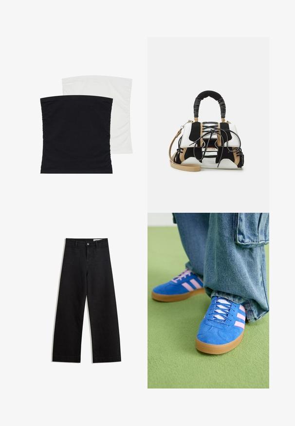 Two stretchable tube tops, one in black and the other in white, featuring soft, smooth fabric and gathered texture along the sides.; Black wide-leg denim pants with a high waist, featuring front and back pockets, stitched seams, and a button closure. Smooth texture.; Blue suede shoes with pink stripes and white laces, featuring a gum rubber sole, paired with loose denim pants on a green surface.; Multicolored handbag with black, white, and beige mesh. Features a textured handle, lace-up design, and detachable shoulder strap.