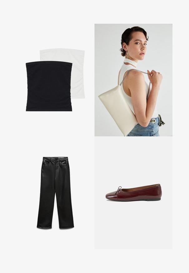 Dvě elastické topy, jeden v černé a druhý v bílé barvě, s měkkou, hladkou látkou a nařasenou texturou po stranách.; Černé široké kalhoty z umělé kůže s předními kapsami, poutky na pásek a jemným leskem. Hladká textura a střih na míru.; Burgundské lakové baleríny s kulatou špičkou, malou mašlí vpředu a nízkou černou gumovou podrážkou. Hladký povrch.; Bílá obdélníková psaníčko vyrobené z lesklého materiálu, se stříbrným řetízkovým popruhem. Modelka pózuje a předvádí tašku na jednobarevném pozadí.