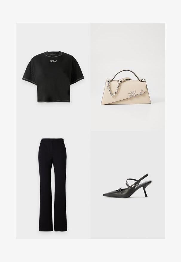 Must have musta lühike särk, mis on valmistatud pehmest kangast. Omab ümmargust kaelust, ülepaisutatud lühikesi varrukaid ja valget vastandõmblust. Ees on broderitud logo.; Mustad püksid, millel on sirge lõige, sile tekstuur ja ühe nupukinnitusega vöökoht. Ei ole nähtavaid mustreid ega aktsente.; Must musta slingback kontsad, terava nina, peenike konts ja dekoratiivne pandla detail peal. Sile tekstuur ja stiilne disain.; Bež nahkplekuga kott, millel on struktureeritud kolmnurkne kuju, hõbedase ahela käepide ja kursiivne metallist logo.