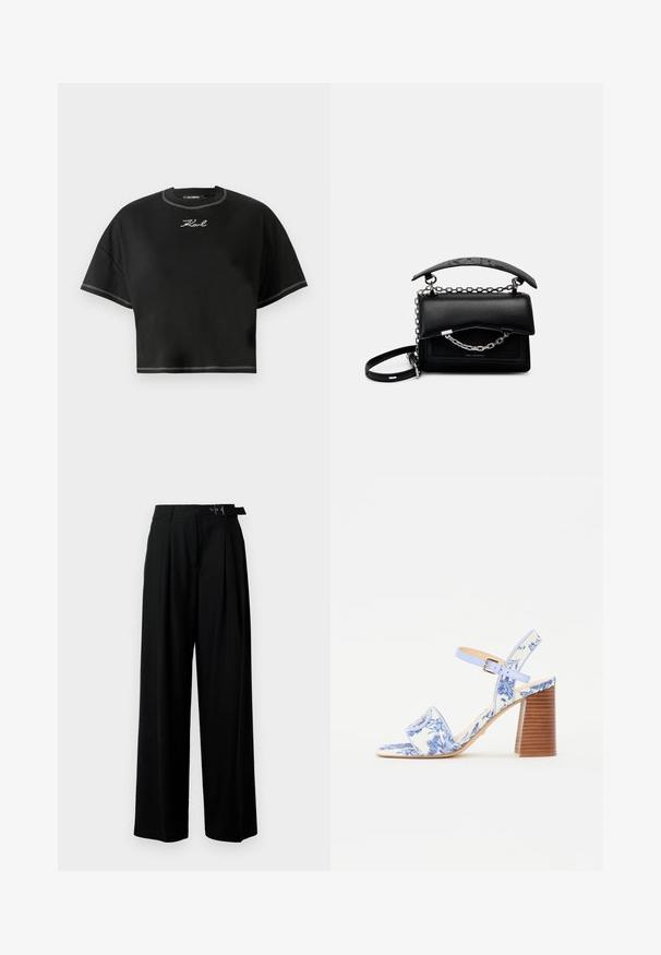 Črna skrajšana majica iz mehkega materiala. Ima okroglo ovratnico, prevelike kratke rokave in belo kontrastno šivanje. Na sprednji strani je izvezen logo.; Črne široke hlače z visokim pasom, gubami spredaj in pasom z zaponko. Narejene so iz gladkega, lahkega materiala.; Modra sandal z cvetličnim vzorcem, s kvadratnim nosom, širokim trakom in nastavljivim gležnjevim trakom, ki ima teksturiran lesen blokast pet.; Črna usnjena torbica s strukturirano zasnovo, poudarki iz verige in ročaji ter teksturirana površina. Ima pokrov z vidno blagovno znamko.