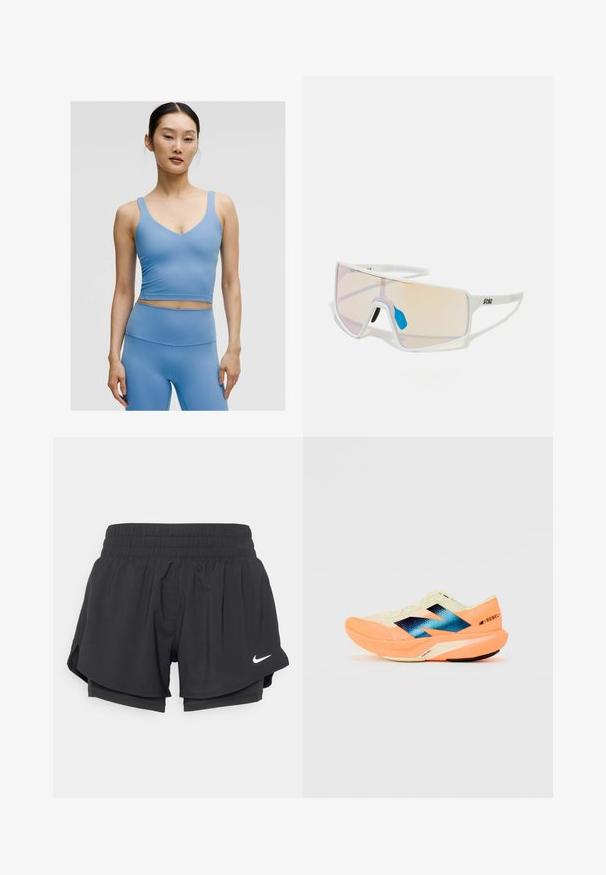 Jasnoniebieski sportowy stanik z dekoltem w kształcie litery V, grubymi ramiączkami i dopasowanym krojem, wykonany z gładkiego, elastycznego materiału.; Czarne sportowe szorty z elastycznym pasem, wewnętrzną podszewką i bocznymi rozcięciami. Na lewej przedniej części znajdują się białe logo Nike.; Buty biegowe z lekką kremową cholewką, niebieskim logo i pomarańczowymi akcentami na podeszwie. Siatkowa tekstura dla lepszej wentylacji.; Białe okulary przeciwsłoneczne w dużej oprawie, z gradientowymi soczewkami w odcieniu różowym do jasnopomarańczowym, podkreślonymi niebieskim noskiem i detalem z logo.