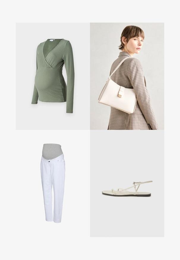 Pikad varrukad beebiootuse top, valmistatud soonikkoes tumerohelisest kangast. Omab sügavat V-kaelust ja keha lähedal istuvat disaini, et mahutada kasvavat kõhtu.; Valged raseduse teksad halli elastsest taljest, millel on eesmine taskud ja sirge säär. Valmistatud pehmest denimsinist kangast.; Bežid lame sandaal, millel on mitu peenikest rihma ja reguleeritav pandla. Tallal on lame pind, mille ääres on kerge tumedam kontrast.; Valge nahast käekott struktureeritud disainiga, millel on magnetlukk ja õlavarre rihm, esitletud neutraalse tausta ees.