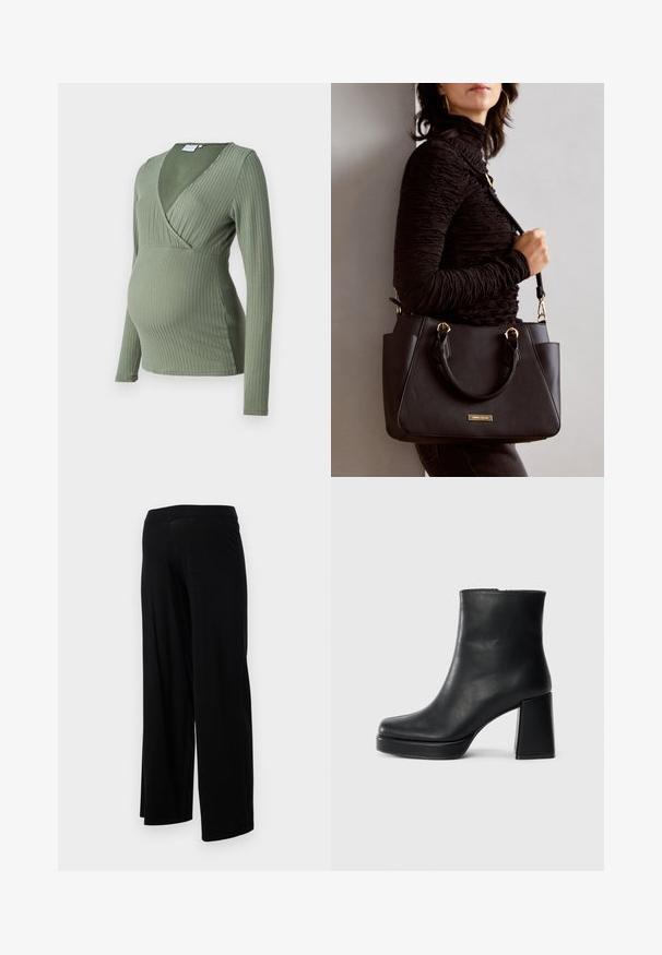 Ilgų rankovių nėščiųjų viršus, pagamintas iš tamsiai žalių, ribotuoto audinio. Jame yra gili V formos iškirptė ir prigludusi, prigludusi dizaino linija, skirta augančiam pilvukui.; Juodos plačios kelnės su elastinga juosmeniu ir lygia, tampria tekstūra. Turi paprastą dizainą, be raštų ar puošmenų.; Juodas odinis kulkšninis botas su bloku ir platformos padu, matomas šoniniu vaizdu ant balto fono.; Juodas rankinės maišelis su struktūrizuota paviršiumi, dvigubais viršutiniais rankenėlėmis ir reguliuojamu peties diržu. Įrengtas aukso spalvos furnitūra ir šoninės kišenės.