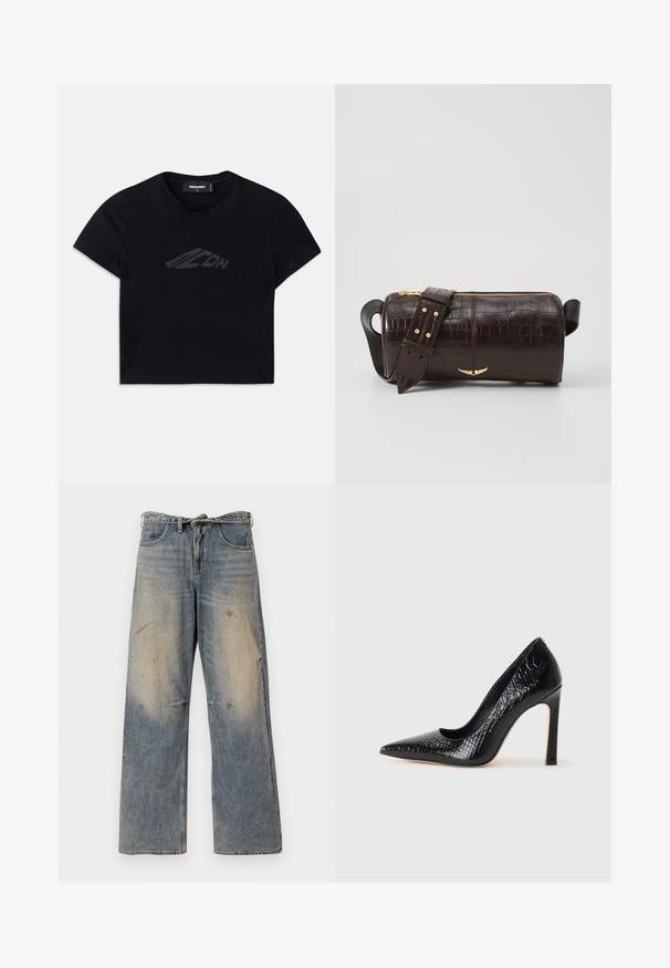 Black cropped t-shirt made of cotton, featuring a subtle dark logo design on the front. Short sleeves and a round neck.; Black satin long-sleeve shirt with a high collar, cinched waist, and adjustable drawstring detail. Smooth texture with a sleek finish.; Light blue denim jeans with a loose, straight-leg design. Features whiskering, fading, and distressed details near knees. Classic five-pocket style.; Black pointed-toe high heel shoe with a crocodile-skin texture, featuring a sleek design, high stiletto heel, and smooth black interior.; Brown crocodile-embossed leather bag with a cylindrical shape, gold-tone hardware, and a detachable strap featuring studs.