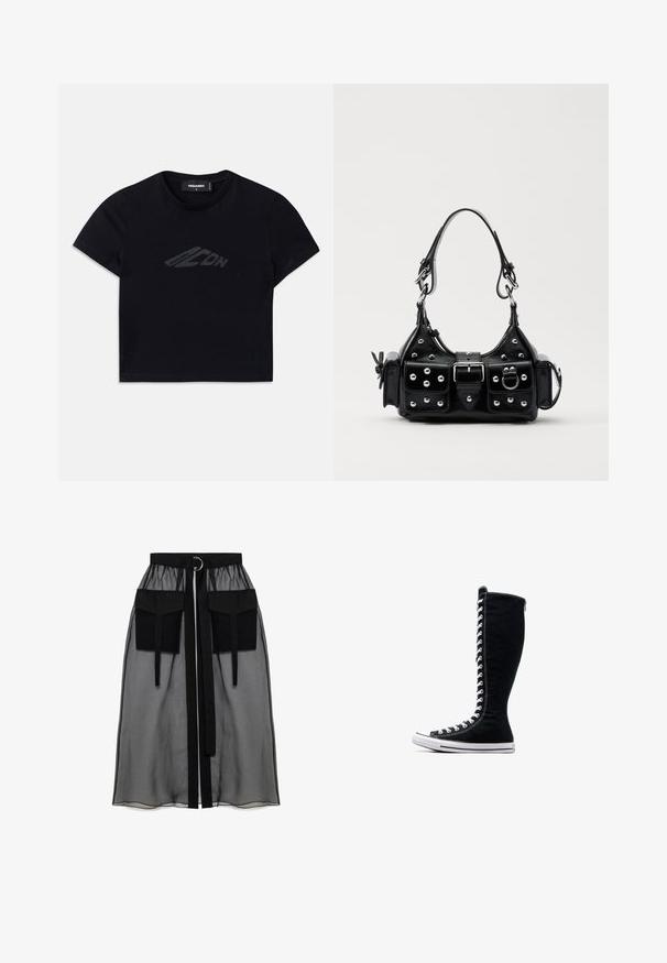 T-shirt cropped nera in cotone, con un sottile design del logo scuro sul davanti. Maniche corte e collo rotondo.; Gonna nera trasparente con una vita arricciata, dotata di due ampie tasche frontali, un laccetto in vita e un ornamento metallico circolare.; Sneakers nere alte con un design slanciato, realizzate in tela. Presentano lacci bianchi, cuciture e una suola in gomma con punta rinforzata.; Borsa a mano in pelle nera con design curvo, caratterizzata da borchie argentate, una fibbia e due tasche laterali. Tracolla regolabile per diverse opzioni di trasporto.