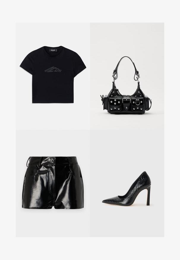 Črna skrajšana majica iz bombaža z diskretnim temnim logotipom na sprednji strani. Kratki rokavi in okrogla izreza.; Črne, sijoče kratke hlače iz sintetičnega materiala. Imajo prilegajoč pas, zanke za pas in sprednje žepe z izrazitimi šivi.; Črne čevlje z visoko peto in konico v obliki puščice, z teksturo krokodilje kože, ki se ponašajo s sleek oblikovanjem, visokim stiletto peto in gladkim črnim notranjostjo.; Črna usnjena torbica s ukrivljenim dizajnom, ki vsebuje srebrne žebljičke, zaponko in dve stranski žepki. Nastavljiv trak za različne možnosti nošenja.