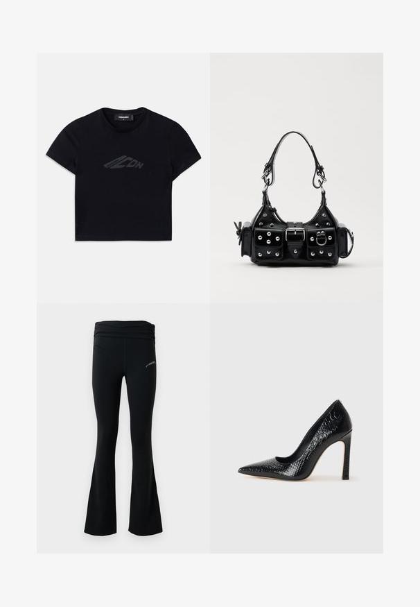 Schwarzes, kurzes T-Shirt aus Baumwolle mit einem subtilen dunklen Logo-Design auf der Vorderseite. Kurze Ärmel und ein runder Ausschnitt.; Schwarze, ausgestellte Yogahosen mit einem gerafften Bund und kleinem weißen Logo an der Oberseite des Oberschenkels, vor einem schlichten weißen Hintergrund präsentiert.; Schwarzer, spitz zulaufender High Heel mit Krokodilleder-Struktur, elegantem Design, hohem Stiletto-Absatz und glattem schwarzen Innenraum.; Schwarze Lederhandtasche mit einem geschwungenen Design, verziert mit silbernen Nieten, einer Schnalle und zwei seitlichen Taschen. Verstellbarer Träger für verschiedene Tragemöglichkeiten.