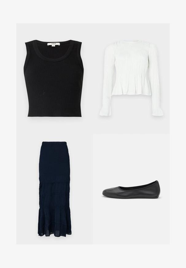 Agolde CROPPED POPPY TANK - Felső - black; Fehér hosszú ujjú blúz összegyűrt anyagdíszítéssel, ráncolt felsőrésszel és bővülő mandzsettával, egyszínű háttéren.; Tengerészkék, fűzött midi szoknya, többrétegű fodros szegéllyel és texturált anyaggal. Rugalmas derékrész az állítható illeszkedésért.; Fekete bőr balettcipő lekerekített orral, sima tekstúrával, minimális varrással és rugalmas talp kialakítással.