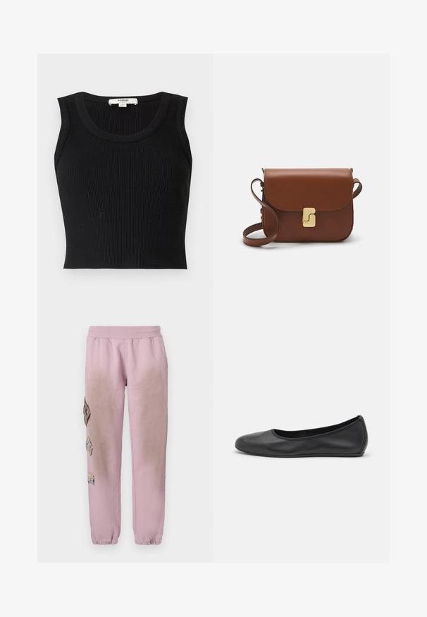 Agolde CROPPED POPPY TANK - Viršus - black; Rožinės sportinės kelnės su elastinga juosta, kairėje pusėje dekoruotos rombo formos aplikacijomis ir elastingais užkulniais.; Juodai odiniai baletai su apvaliu pirštu, lygi texture, minimalus siuvimo detales ir lanksčiu padų dizainu.; Ruda odinė rankinė su uždaromu dangteliu, aukso spalvos detalėmis, petneša ir lygiu paviršiumi. Kompaktiška stačiakampio formos.