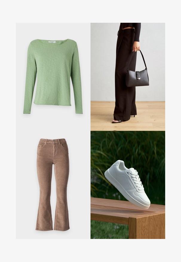Long-sleeve green top made from soft, lightweight fabric with a rounded neckline and a relaxed fit, featuring a slightly curved hem.; Brown corduroy flared pants with a ribbed texture, featuring a high waist, five pockets, and a front button closure.; White sneaker with a smooth synthetic upper, perforated toe box, flat laces, and a textured sole, displayed on a wooden surface.; Black handbag with structured shape, smooth texture, and a metallic clasp. Paired with wide black pants and open-toe sandals on wooden floor.