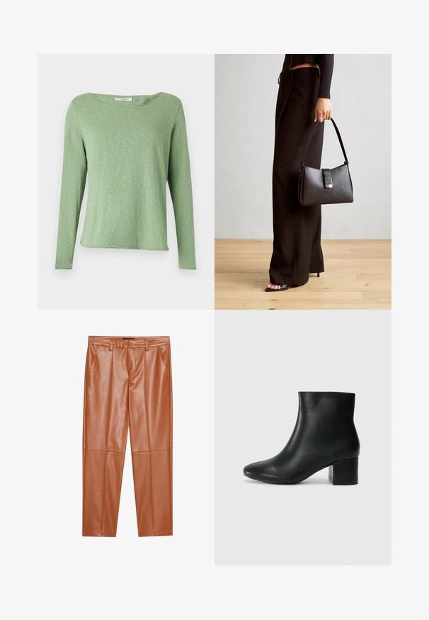 Blusa de manga longa verde, feita de um tecido suave e leve, com decote redondo e um corte descontraído, apresentando uma bainha ligeiramente curva.; Calças de couro sintético castanho com um corte ajustado, apresentando pregas frontais e pernas retas. Textura suave sem acessórios ou detalhes visíveis.; Botas de tornozelo em pele preta com bico pontiagudo e um salto robusto. Textura suave com acentos mínimos e um design ajustado e elegante.; Bolsa preta com forma estruturada, textura suave e um fecho metálico. Combinada com calças largas pretas e sandálias de salto aberto sobre um chão de madeira.