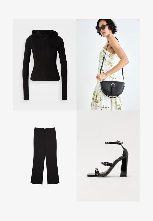 Schwarzes, langärmliges Kapuzenshirt mit einem Frontreißverschluss. Aus einem glatten Stoff gefertigt, figurbetontes Design und minimalistischem Detail. Abgerundeter Saum am unteren Ende.; Schwarze Hose mit geradem Schnitt, ausgestattet mit Fronttaschen und Seitenschlitzen am Saum. Hergestellt aus weichem, glattem Stoff. Geeignet für verschiedene Anlässe.; Schwarze patentierte Sandalen mit Absatz, quadratischer Spitze, Knöchelriemen und silbernen Schnallen. Mit einem stabilen Blockabsatz für mehr Stabilität.; Schwarze Lederhandtasche mit geschwungener Form, abnehmbarem Tragegurt und goldenen Beschlägen. Die Tasche verfügt über einen Deckel mit einer Schnallen-Details.