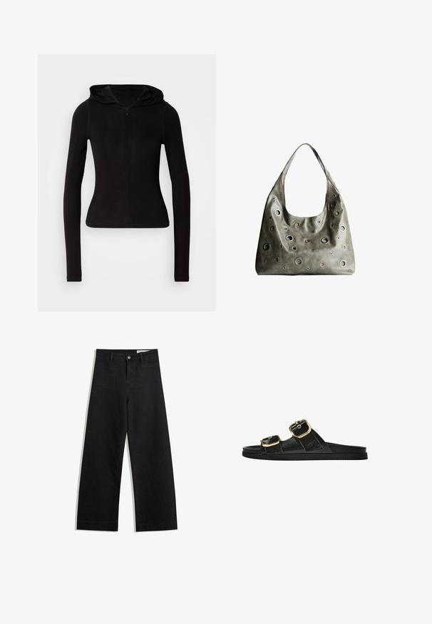Zwarte lange mouwen hoodie met een rits aan de voorkant. Gemaakt van een gladde stof, uitgevoerd met een aansluitende pasvorm en minimalistische details. Ronde zoom aan de onderkant.; Zwarte denim broek met wijde pijpen en een hoge taille, voorzien van voor- en achterzakken, gestikte naden en een knoopsluiting. Gladde textuur.; Zwarte slipper met twee gouden gesps, gladde textuur, platte zool en een minimalistisch ontwerp.; Olijfgroene leren handtas met een slungelig ontwerp, voorzien van rondvormige uitsparingen van verschillende groottes en accenten in donkerdere en lichtere tinten.