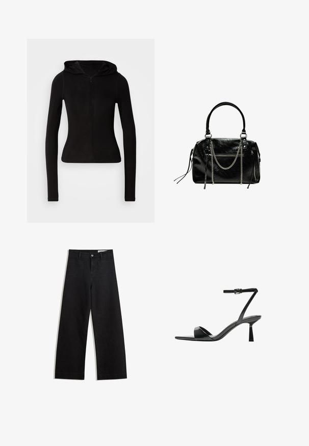 Sort langærmet hættebluse med en frontlynlås. Lavet af et glat stof, tætsiddende design og minimal pynt. Rundet kant forneden.; Sorte wide-leg denim bukser med høj talje, der har front- og baglommer, syede sømme og en knaplukning. Glat tekstur.; Bershka Højhælede sandaletter / Højhælede sandaler - black; Bershka WITH CHAIN - Håndtasker - black