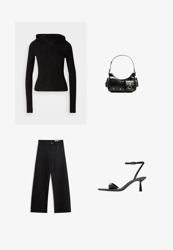 Crna dugosleevna majica s kapuljačom i prednjim patentnim zatvaračem. Izrađena od glatkog materijala, prilagođenog kroja i minimalnih detalja. Zaobljen rub na dnu.; Crne široke traperice s visokim strukom, s prednjim i stražnjim džepovima, šivenim šavovima i kopčanjem na gumb. Glatka tekstura.; Bershka Sandale s visokom petom - black; Crna patentna kožna torba s zakrivljenim oblikom, jednim remenom za rame, prednjim džepovima i akcentima od srebrnog tona.
