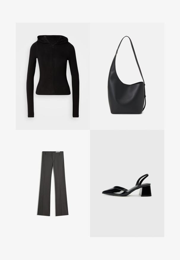 Schwarzes, langärmliges Kapuzenshirt mit einem Frontreißverschluss. Aus einem glatten Stoff gefertigt, figurbetontes Design und minimalistischem Detail. Abgerundeter Saum am unteren Ende.; Graue weit ausgestellte Hosen aus einem glatten Stoff, mit flachem Frontbereich, Gürtelschlaufen und einem maßgeschneiderten Design mit klaren Linien.; Schwarze Lackleder-Slingback-High Heels mit spitzem Schuh und einem geometrischen Blockabsatz. Verfügt über ein schlankes, minimalistisches Design und eine glatte Textur.; Schwarze Leder-Hobo-Tasche mit einer glatten Textur, geschwungener Form und einem einzelnen verstellbaren Tragegurt; verfügt über eine weite Öffnung am oberen Ende.