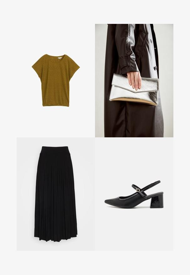 Kurzärmliges, senfgelbes Oberteil mit strukturiertem Design, das über kunstvolle Ausschnitte in einem geometrischen Muster sowie einen runden Halsausschnitt verfügt.; Schwarzer plissierter Rock mit breitem, dehnbarem Bund. Gefertigt aus weichem Stoff, mit vertikalen Falten für eine fließende Silhouette.; Schwarze Lackleder-Slingback-Absätze mit spitzer Zehenform, einem runden Ausschnitt-Design und einem Blockabsatz. Mit einem goldfarbenen Schnallenakzent.; Silberner metallischer Clutch mit einem eckigen Umschlagdesign, glatter Textur und kontrastierender Innenfarbe, gehalten in einer Hand, die einen schwarzen Mantel trägt.
