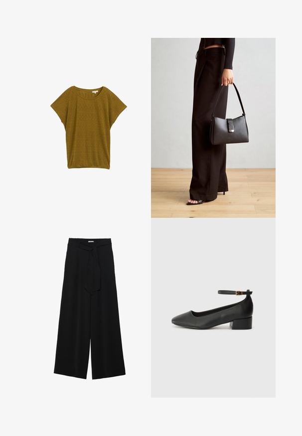 Top scurt cu mânecă, de culoare muștar, cu un design texturat, având decupaje intricate într-un tipar geometric și un guler rotund.; Pantaloni largi negri dintr-un material texturat, cu un tiv elastic și o panglică detașabilă la talie pentru un fit ajustabil.; Pantof cu toc negru din piele, cu vârf ascuțit și toc mic pătrat. Dispune de o curea la gleznă cu o cataramă în tonuri de aur. Textură netedă.; Genți negre cu o formă structurată, textură netedă și un închizător metalic. Asortată cu pantaloni negri largi și sandale cu vârf deschis pe un podea din lemn.