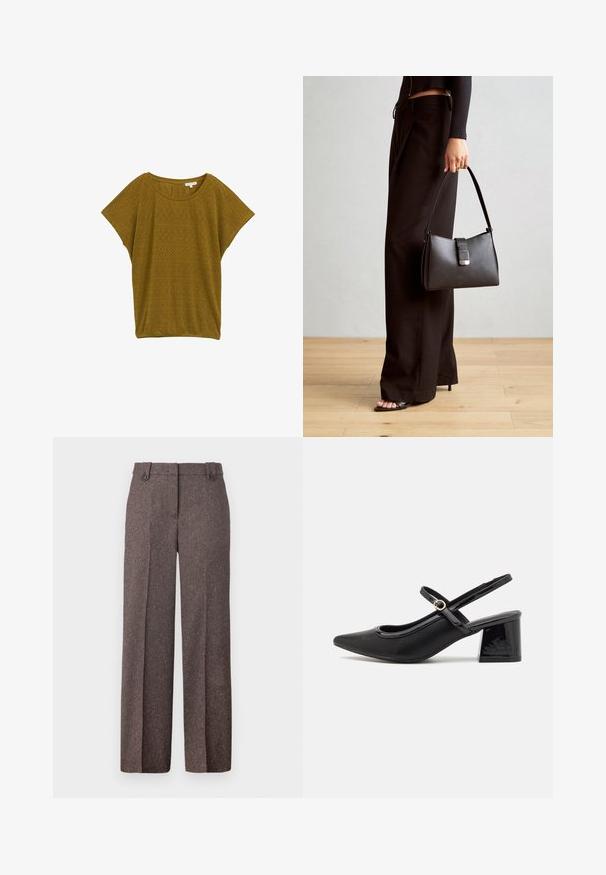 Trumpas rankovės, garstyčių geltonumo viršus su tekstūruotu dizainu, pasižymintis sudėtingomis geometrinio rašto išpjovomis ir apvaliu iškirpimu.; Rudos plataus sijono kelnės, pagamintos iš tekstūruoto audinio. Turi dvi priekines kišenes ir suformuotą siluetą su dviem sagomis juosmens srityje.; Juodi patentinio odos slingback aukštakulniai su smailiu pirštu, apvaliu išpjovimu ir blokiniu kulnu. Papuošti auksiniu juostos akcentu.; Juodas rankinė struktūrizuota forma, lygi tekstūra ir metalinis užsegimas. Suporuota su plačiomis juodomis kelnėmis ir atvirais bateliais ant medinių grindų.