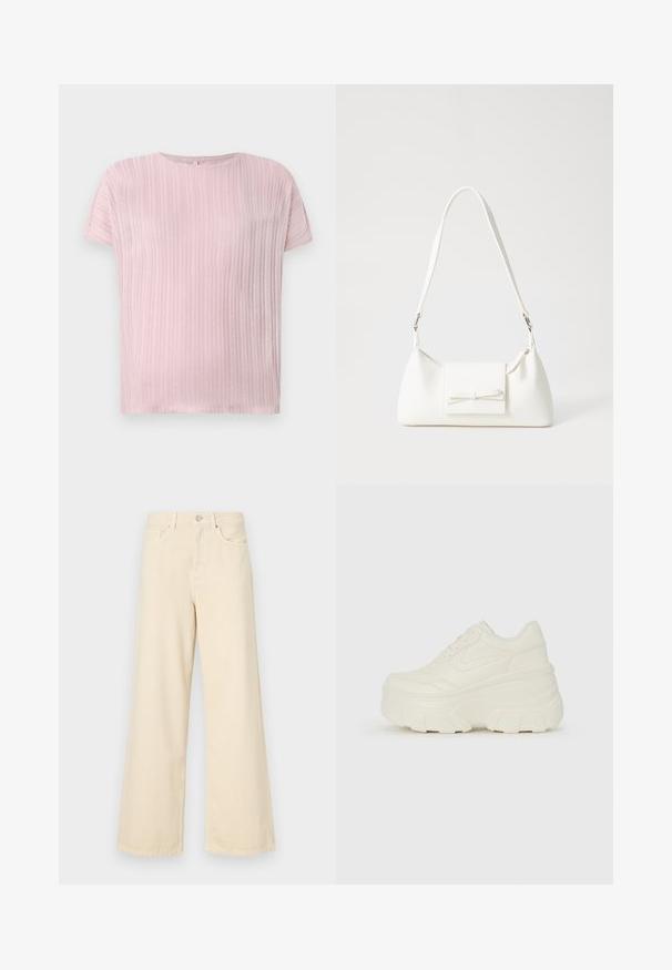 Svijetloružičasti kratki rukav gornji dio s teksturiranim rebrastim dizajnom, s okruglim izrezom i opuštenim krojem. Mekani materijal s blagim sjajem.; Bež traperice širokih nogavica napravljene od pamuka. Imaju zatvaranje na dugme, petlje za remen i prednje džepove s glatkom, mekanom teksturom.; Bijele platformske tenisice s glatkim gornjim dijelom koji nalikuje koži, zaobljenim oblikom, podstavljenim okvirom i teksturiranim gumeni potplat s definiranom profilacijom.; Bijela sintetička torbica s trokutastim oblikom, ravnim prednjim poklopcem i detaljem u obliku mašne, podesivom remenom, glatkom teksturom i minimalističkim dizajnom.