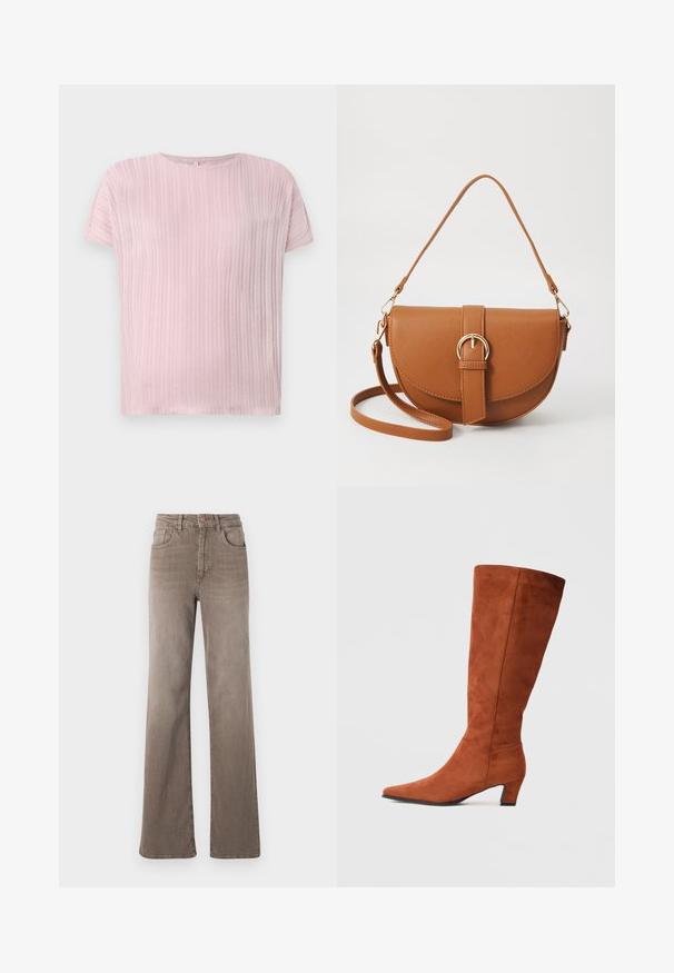 Top rosa claro de manga curta com um design texturizado em relevo, apresentando uma gola redonda e um corte solto. Tecido suave com um brilho subtil.; Jeans castanhos de cintura alta, de perna reta, com botão frontal, passantes para cinto e design clássico de cinco bolsos em fundo branco.; Bota alta de camurça castanha com biqueira fina e um pequeno salto quadrado, apresentando uma textura suave e um design minimalista.; Bolsa transversal de couro castanho com um formato curvado, ferragens douradas e um detalhe de fivela. Inclui uma alça de ombro destacável.