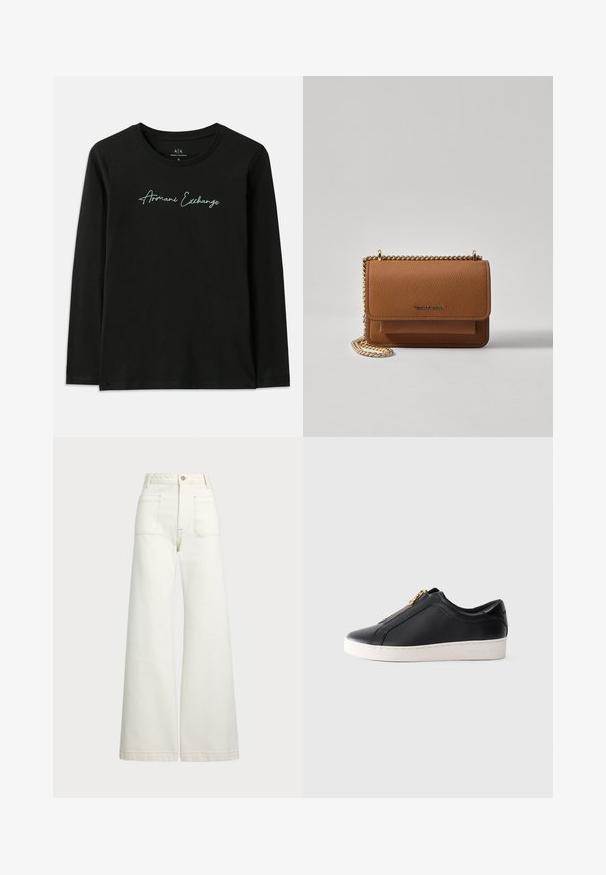 Czarna, długorękawowa koszulka z bawełny z okrągłym dekoltem. Posiada zielony haftowany logo "Armani Exchange" na piersi.; Spodnie dżinsowe o szerokich nogawkach w odcieniu off-white. Wysoki stan z zapięciem na guzik, dwiema kieszeniami z przodu i detalami z kontrastowym przeszyciem.; Czarne niskoprofilowe skórzane trampki z białą podeszwą i złotym zamkiem błyskawicznym, widok z boku, minimalistyczny styl na jednolitym tle.; Brązowa skórzana torba na ramię z teksturą, z złotym łańcuszkiem i zapięciem na klapkę. Z przodu znajduje się detal z logo oraz kieszeń pod klapką.