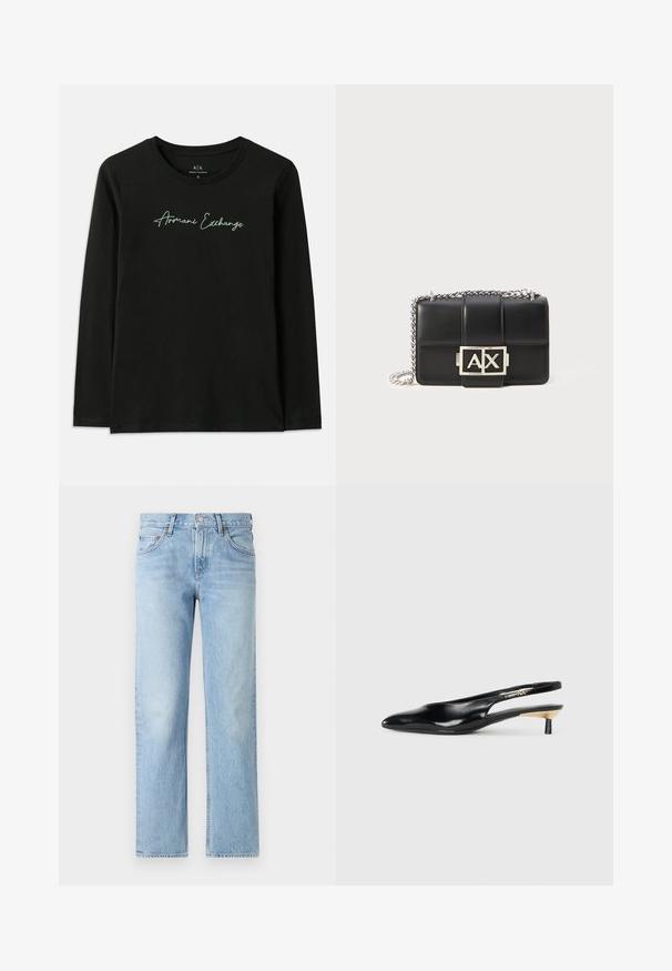 Schwarzes Langarm-T-Shirt aus Baumwolle mit Rundhalsausschnitt. Besitzt ein grünes, gesticktes "Armani Exchange"-Logo auf der Brust.; Helleblaue Jeans aus Denim mit geradem Schnitt, fünf Taschen, Knopf- und Reißverschluss sowie einem leicht ausgewaschenen Finish.; Schwarze Slingback-Pumps mit spitzem Zehenbereich, glänzendem Lederfinish und kleinem Absatz mit goldenen Akzenten. Elegantes Design mit offenem Rücken.; Schwarze Lederhandtasche mit gestepptem Design, silberner Kettenriemen und einem auffälligen silbernen "AX"-Logo auf der Vorderseite. Kompakte rechteckige Form.