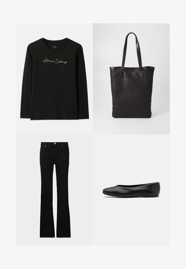 Černé tričko s dlouhými rukávy vyrobené z bavlny s kulatým výstřihem. Na hrudi se nachází zelený vyšívaný logo "Armani Exchange".; Černé zvonové džíny vyrobené z denimu, s dvěma předními kapsami, zapínáním na knoflík a hladkou strukturou. Na švech je viditelné charakteristické prošívání.; Paul Smith TOPANGA - Klasické baleríny - black; Černá plátěná taška s černými koženými uchy. Jednoduchý design, prostorné tělo a hladký povrch. Žádné viditelné loga ani vzory.