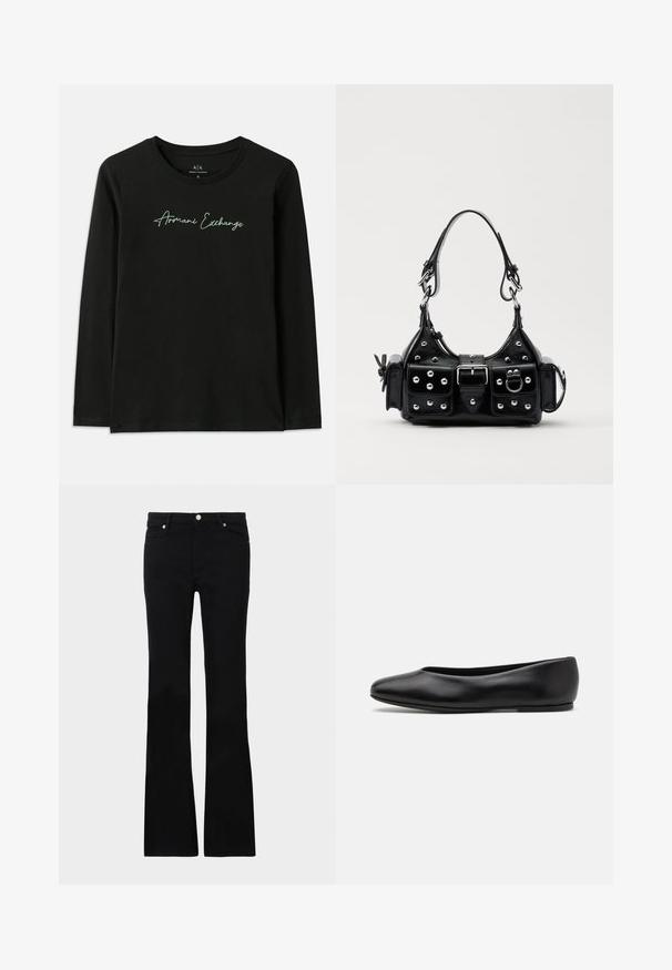 Schwarzes Langarm-T-Shirt aus Baumwolle mit Rundhalsausschnitt. Besitzt ein grünes, gesticktes "Armani Exchange"-Logo auf der Brust.; Schwarze, ausgestellte Jeans aus Denim, ausgestattet mit zwei Fronttaschen, einem Knopfverschluss und einer glatten Oberfläche. Signatur-Nähte an den Nähten sichtbar.; Paul Smith TOPANGA - Klassischer Ballerina - black; Schwarze Lederhandtasche mit einem geschwungenen Design, verziert mit silbernen Nieten, einer Schnalle und zwei seitlichen Taschen. Verstellbarer Träger für verschiedene Tragemöglichkeiten.