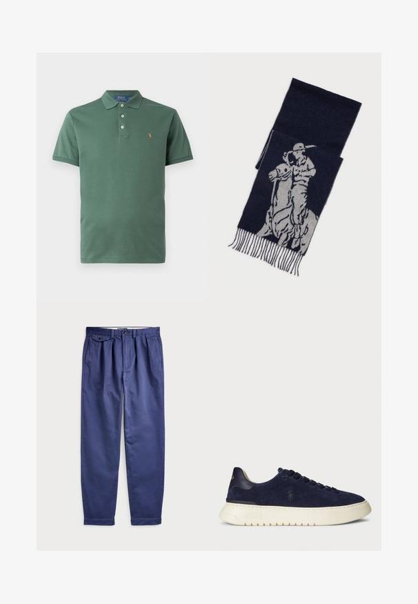 Grønn polo skjorte laget av bomull med krage, to-knapps placket og liten brodert logo på brystet. Glatt tekstur.; Marineblå bomullsbukser med løs passform, med folder foran, to sidelommer og knappefeste i midjen.; Marineblå semsket lavsko med en teksturert overflate, gummisåle og tonede snører, med en liten logo på siden og hælen.; Mørkeblå sjal med grå grafikk av en polo-spiller på hesteryggen, med frynsete kanter.