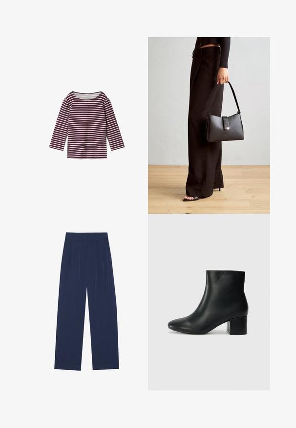 Gestreepte lange mouwen top in diep paars en wit. Heeft een brede halslijn en een ontspannen pasvorm, gemaakt van een zachte katoenmix.; Navyblauwe wijde broek van zachte stof, voorzien van voorplooien, een gladde textuur en een rechte pasvorm zonder zichtbare zakken.; Zwarte leren enkellaarzen met een spitse neus en een chunky hak. Gladde textuur met minimale accenten en een slank, strakk ontwerp.; Zwarte handtas met gestructureerde vorm, gladde textuur en een metalen sluiting. Gecombineerd met brede zwarte broeken en sandalen met open teen op een houten vloer.